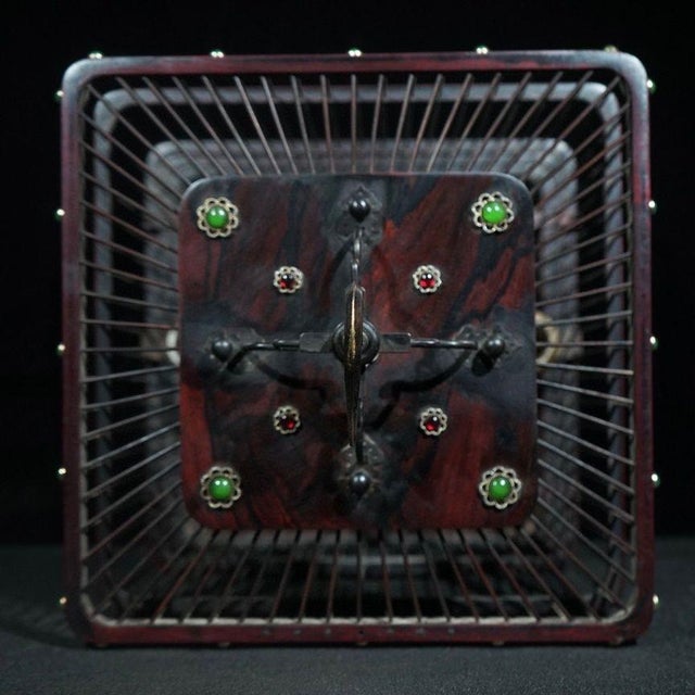 Brown Rosewood Birdcage With Gemstone Inlay and Ceramic Feeders For Sale - Image 8 of 9