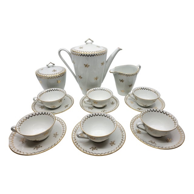 French Empire Style Porcelain Tea Service Decorated with Fine Gold from Sologne, 20th Century, Set of 15 For Sale