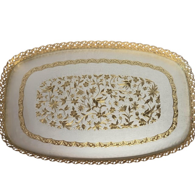 Vintage Vanity Tray Ornate Gold Filigree Rim with Gold and Silver Bird Motif Under Glass Has a hook on the back which can...
