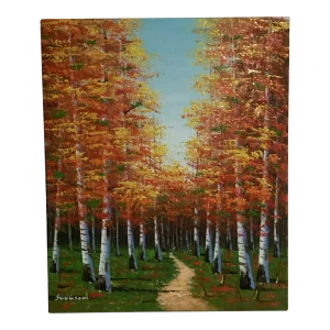 Late 20th Century Original Oil Painting, Landscape of Autumn Afternoon, With Birch Trees Dressed in Stunning Orange Leaves , Signed by Swanson.