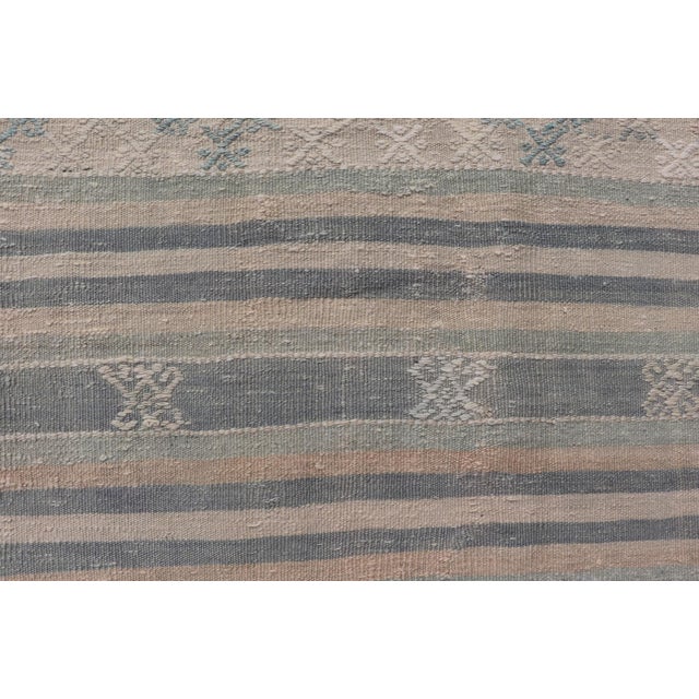 Mid 20th Century Vintage Turkish Flat-Weave Kilim With Embroideries in Blue, Brown, and Cream For Sale - Image 5 of 16