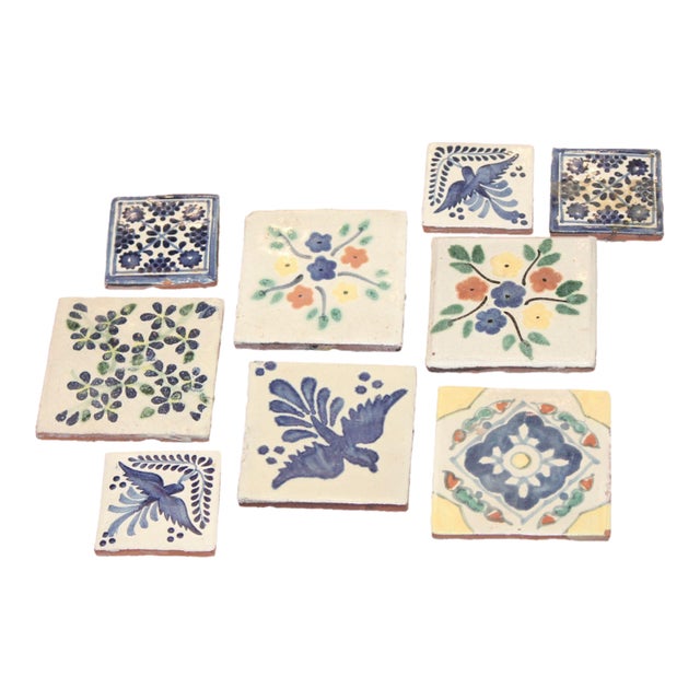 Set of 9 Vintage Hand-Painted Talavera Tiles For Sale