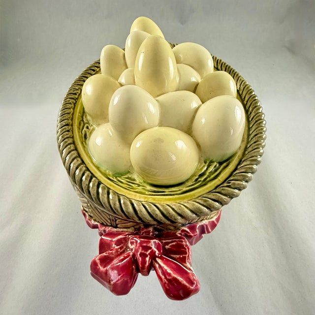 French Majolica Choisy Le Roi Egg Basket & Bows Lidded Tureen For Sale - Image 11 of 18