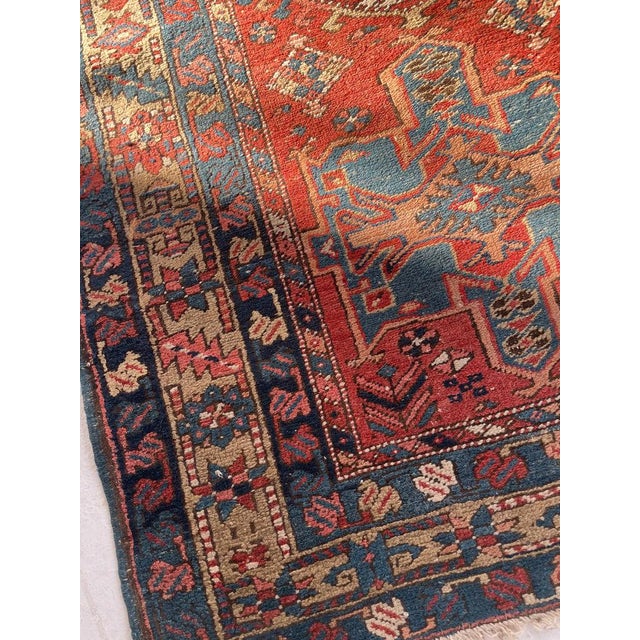 Antique Northwest Persian Heriz Runner Rust, Camel, French Blue Rug 3.4 x 10.6 For Sale - Image 9 of 12