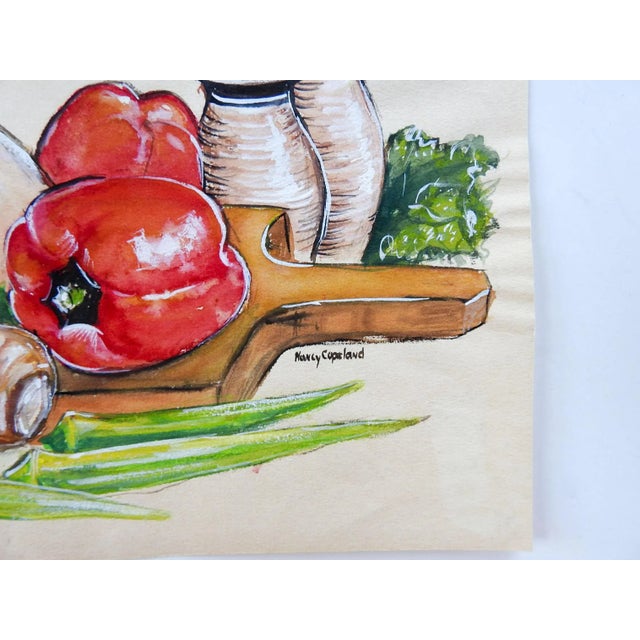 Mid century gouache on paper still life with vegetables painting. Signed Nancy Copeland center left. Unframed, age toning,...