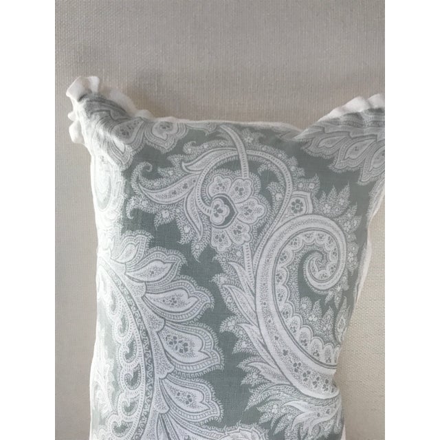 Textile Paisley Designer Linen Pillows With Pleated Flange Border in Grayish Green and White - Set of 2 For Sale - Image 7 of 9