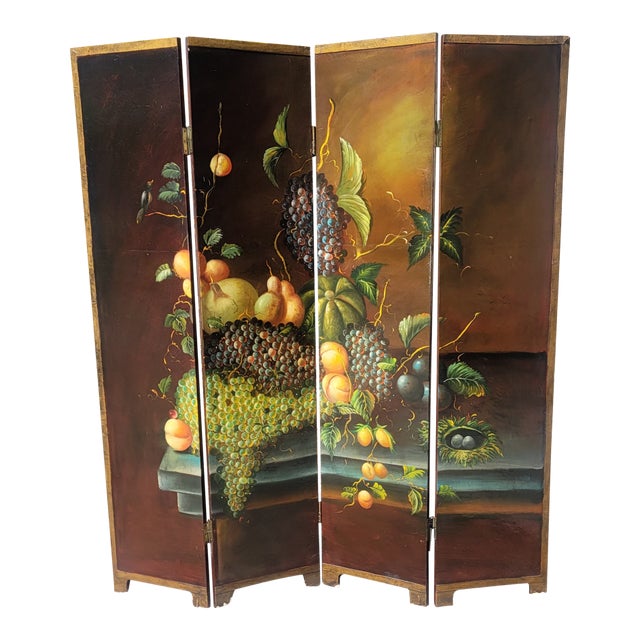 1950s Four -Panel Hand Painted Folding Screen Room Divider Renaissance -Inspired Italianate Still Life For Sale