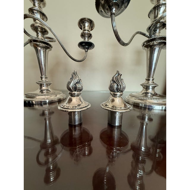 1930s Barker-Ellis Silver Co. Made in England Silverplate Pair 3-Arm Candelabras For Sale - Image 5 of 12