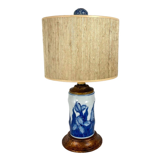 Blue and White English Porcelain Iris Mini Lamp With Grass Cloth Shade For Sale