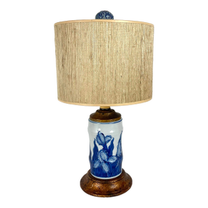 Blue and White English Porcelain Iris Mini Lamp With Grass Cloth Shade
