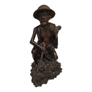 Mid 20th Century Realism Balinese Macassar Ebony Fisherman Masterpiece Sculpture by Darsana (Mas, Bali) For Sale