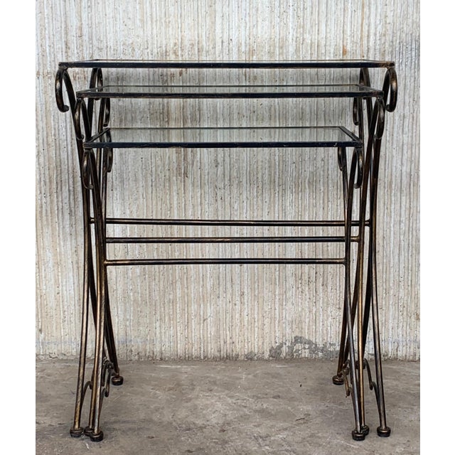 Mid 20th Century Midcentury Scrolling Iron Patio Nesting Side Tables with Glass Tops, Set of 3 For Sale - Image 13 of 18