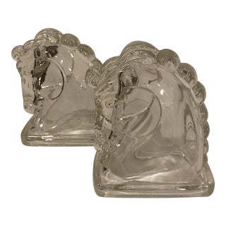 Mid-Century Modern Clear Glass Stallion Horse Head Bookends - Le Smith Glass Book Holders, Circa 1960s For Sale