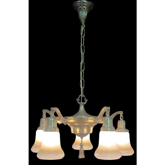 Neoclassical Vintage Five Arm Pan Chandelier For Sale - Image 3 of 6