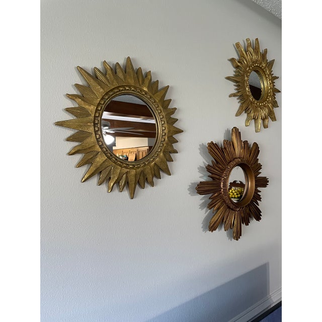 Vintage 1960s French Style 16.5" Gilded Sunburst Wall Mirror For Sale - Image 17 of 17