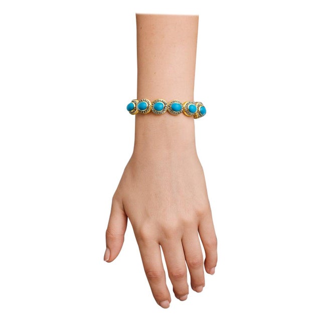 Bochic “Capri” Vintage Natural Diamond & Turquoise Bracelet Set In 18K & Silver For Sale - Image 4 of 12