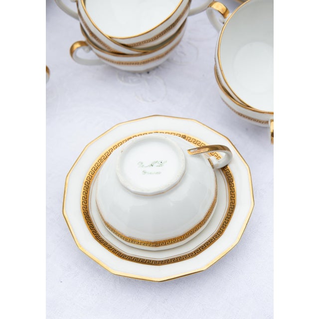 Tea Set for 12, Limoges Porcelain, Gold Rim, Classic Greek Key Pattern (27 Pieces), 1930s, Set of 27 For Sale - Image 6 of 9