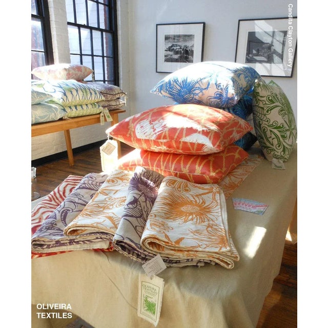 “Wavelength” Verde Sustainably Handprinted on Hemp/Cotton Twill Pillow Cover For Sale - Image 9 of 11
