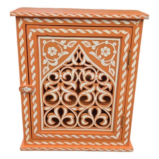 Hand Painted Mediterranean Medicine Cabinet / Wall Shelf / Orange and White Zouak For Sale