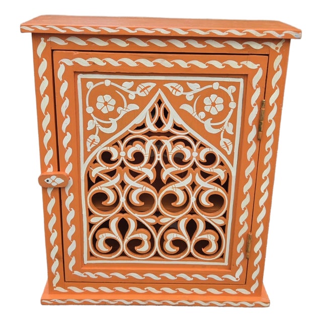 Hand Painted Mediterranean Medicine Cabinet / Wall Shelf / Orange and White Zouak For Sale