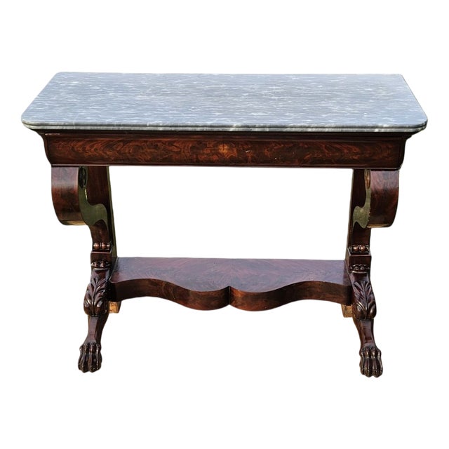 Console Table in Flame Mahogany and Sainte Anne Grey Marble, 1890s For Sale