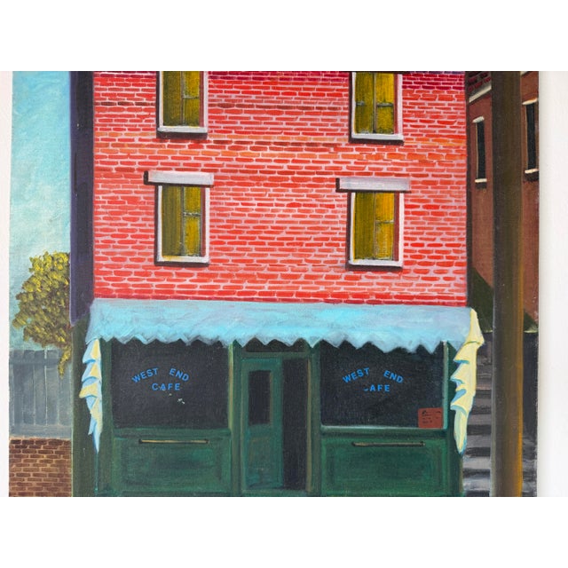 1980’s j.d. Fotopoulos “West End Cafe” Urban Streetscape Oil on Canvas – Unframed For Sale - Image 10 of 12