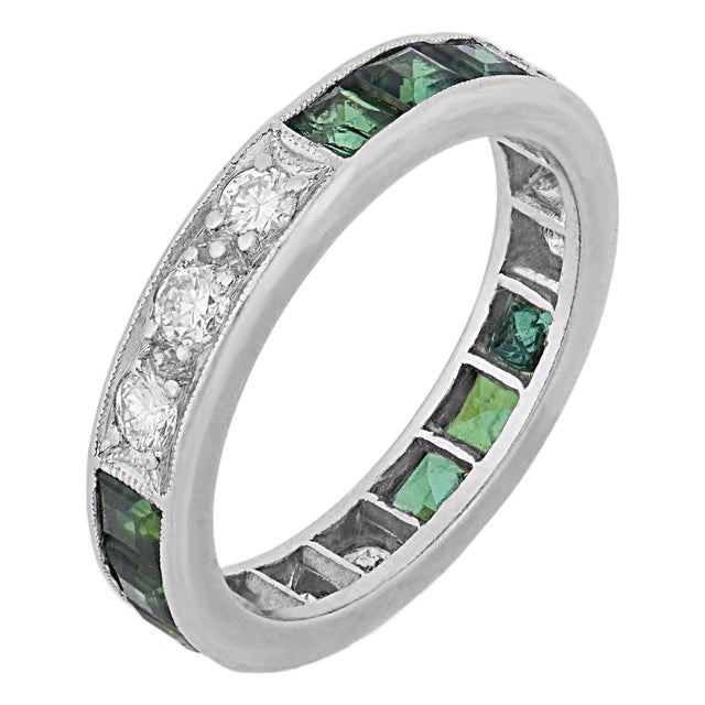 1990s Art Deco Inspired Diamond Tourmaline Platinum Eternity Band, Size 6.75 For Sale