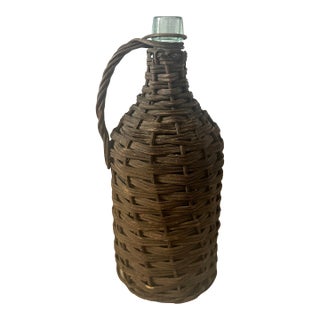 Vintage Wicker Wrapped Aqua Glass Wine Jug For Sale