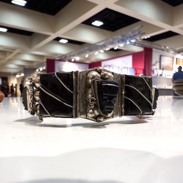 For your consideration, a 1950s vintage Mexican onyx sterling silver link bracelet modernist design Taxco Silversmith N S...