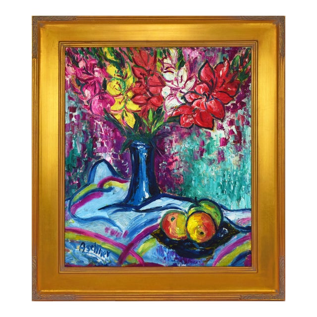 Vintage Mid Century Post Impressionist Floral Still Life Oil Painting of Gladiola Flowers, Aschner 1961 For Sale