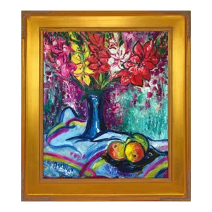 Vintage Mid Century Post Impressionist Floral Still Life Oil Painting of Gladiola Flowers, Aschner 1961