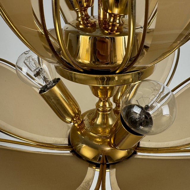 Metal Vintage Lotus Chandelier in Brass and Brown Smoked Beveled Glass, Italy, 1980s For Sale - Image 7 of 9