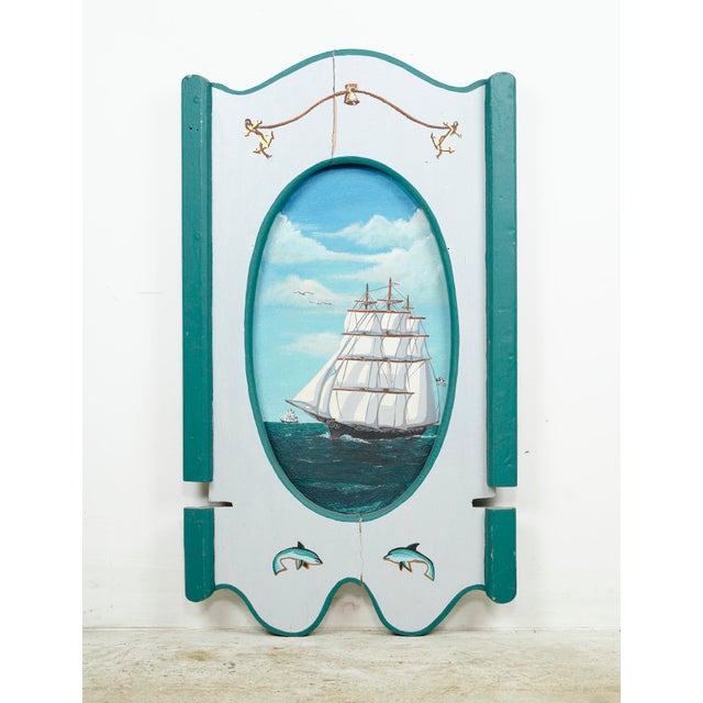 Nautical Late 20th Century Pair of Hand Painted Sailboat White & Blue Wood Wall Art Pieces For Sale - Image 3 of 16