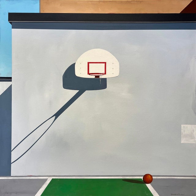 Let's Go by Justin Wheatley | Acrylic on Canvas Basketball hoop and ball against a wall. For Sale