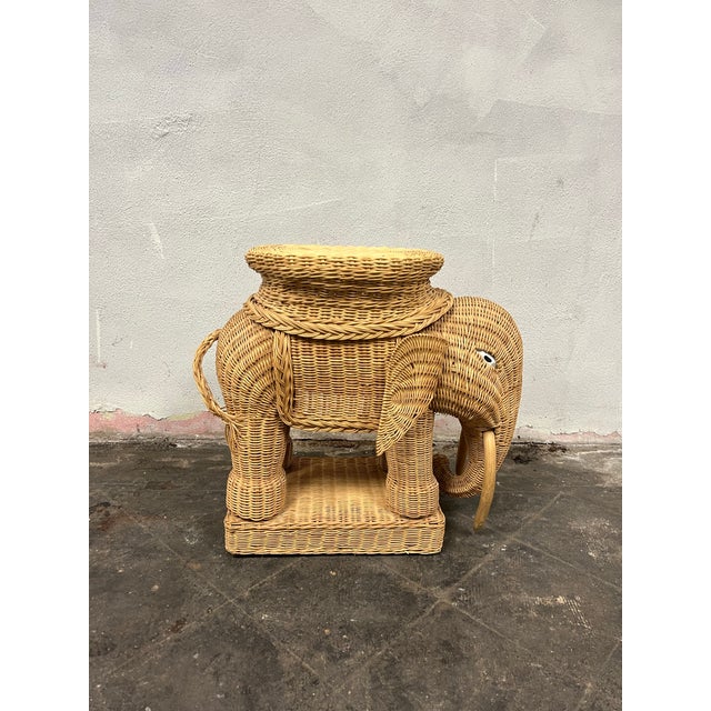 Mid Century Elephant coffee table or side table with removable tray top made of rattan with wood tusks in the style of...
