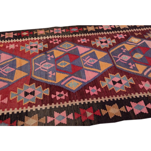 Vintage Kilim Handmade Flatweave Geometric Burgundy Wool Runner For Sale - Image 9 of 11
