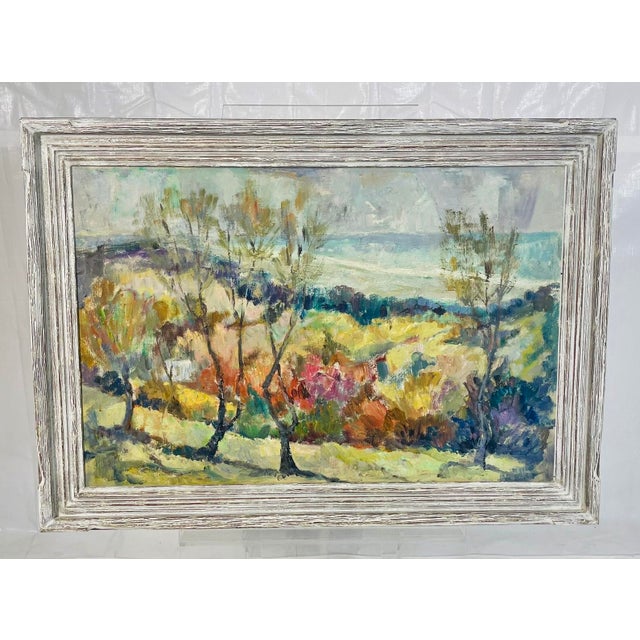 Vintage Impressionist Landscape Painting on Board With Trees, Framed, Mid-Century For Sale - Image 4 of 18