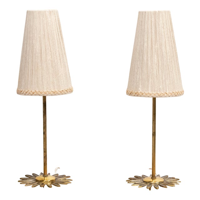Brass Sunburst Table or Mantelpiece Lamps with Linen Shades, Set of 2 For Sale