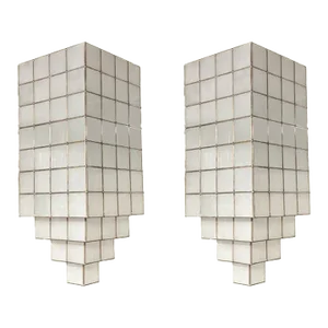 Art Deco Style Skyscraper White Milk Glass & Brass Chandelier or Pendant, Pair