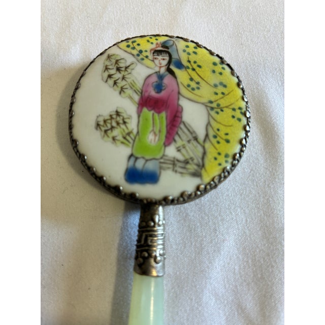 Asian Vintage Hand Mirror With Jade Handle & Hand-Painted Asian Scene For Sale - Image 3 of 11