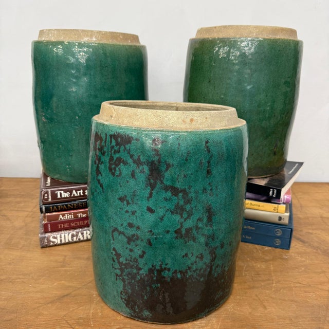 Round Green Glazed Storage Jars with Markings - Set of 3 For Sale - Image 4 of 11