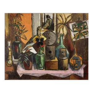 Frederick Robbins Childs - Still Life With Pansy, Bird, and Vases - Signed (Ca. 1960, Oil on Canvas)/Matisse/Leger