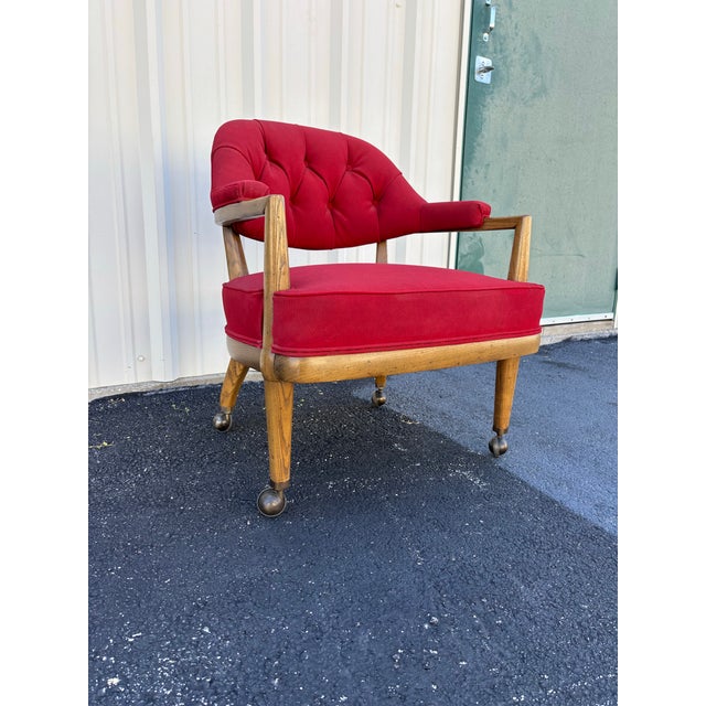 1950s Henredon Schoonbeck Oak Gaming Chairs in Vintage Red Waxed Canvas Upholstery- Set of 4 For Sale - Image 5 of 12