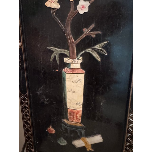 Chinese Vintage Chinese Black Lacquer Wall Panels – Set of 3 (24" X 10")Featuring Hand-Carved Jade & Soapstone Inlay For Sale - Image 3 of 11