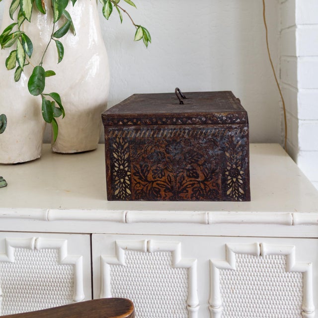 Metal Rustic Metal Strongbox or Money Box With Slavic Floral Folk Art and Cyrillic Text For Sale - Image 7 of 16