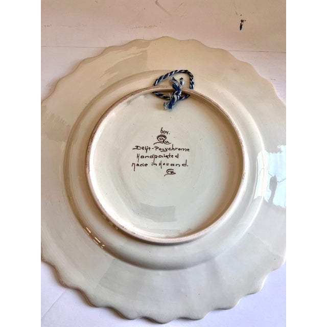 Pink Vintage Hand Painted Delft Polychrome Scalloped Wall Plate For Sale - Image 8 of 10