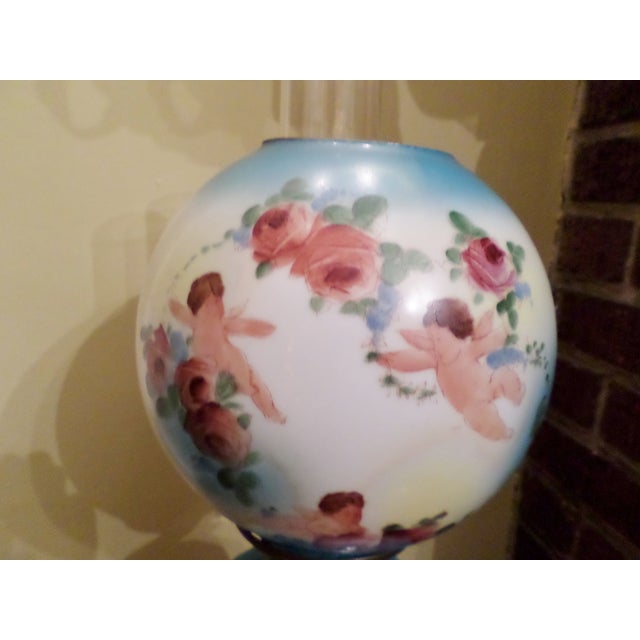 1900 - 1909 Antique GWTW Porcelain 20" Lamp & Ornate Brass Base W/ Hand Painted Cherubs For Sale - Image 5 of 10