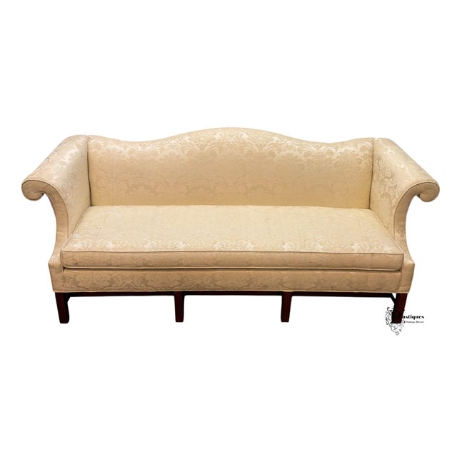 Late 20th Century Vintage Chippendale Style Mahogany Frame Camel Back Ivory Damask Print Upholstered Sofa For Sale - Image 5 of 10