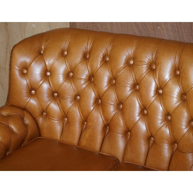 Small Wide Tan Leather Tufted Chesterfield Sofa with High Back For Sale - Image 4 of 18