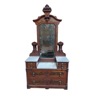 1880s Eastlake Walnut & Burl Walnut Marble Top Mirrored Dresser by w.j. Heney & Co. For Sale